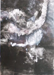 monoprint 'apocalypse bird flying away with humanity' by artist Yvonne Nevard